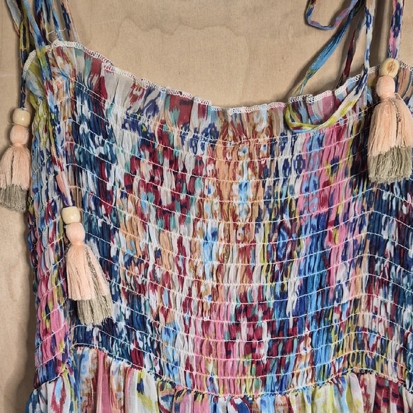 Multi-Color Smocked Tiered Midi Dress with Tassel Straps - Picture 5 of 5